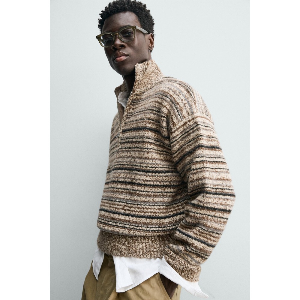 Zara Quarter-Zip Sweater Mens Medium Brown Grey Striped Knit Pullover 5755/416